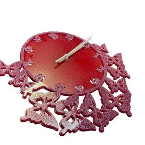 Decorative Wall Clock with Glitter Butterfly Border, Red Metal Face, Gold Hands,